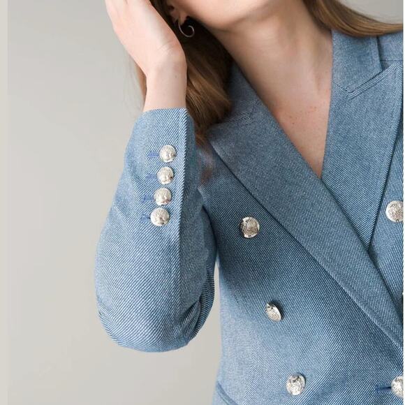 WHBM Tweed Studio Blazer 6 | NWT Double Breasted, Blue, Silver Buttons, Sold Out - Picture 5 of 11